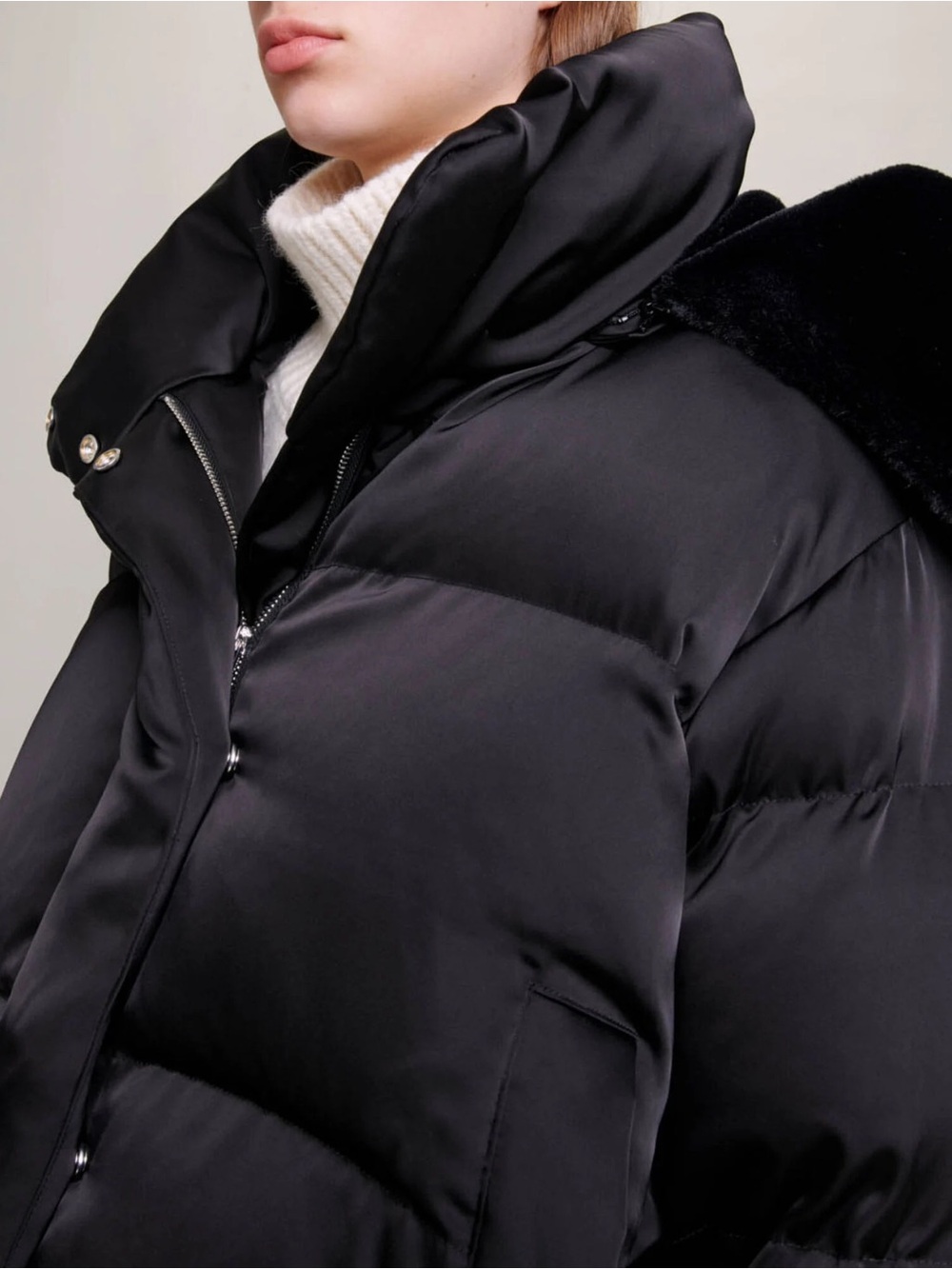 Maje Black Quilted Puffer Jacket with High Collar